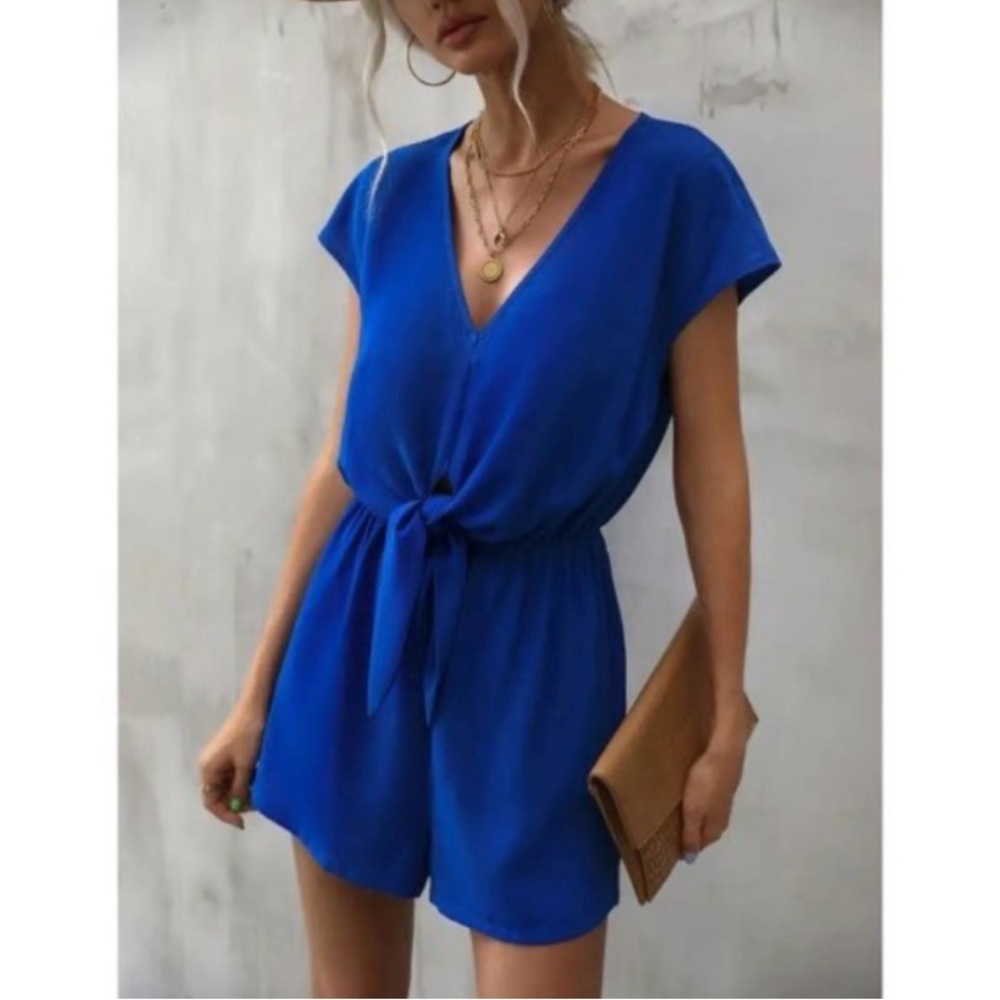 She + Sky Deep Blue V-Neck Romper